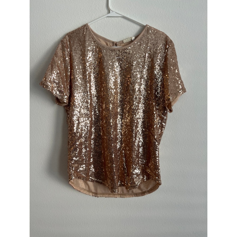 Spadehill Rose Gold Sequin Short Sleeve Blouse Keyhole Back Party Top Large